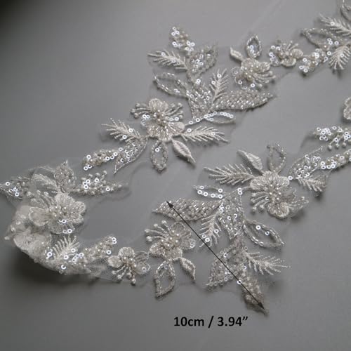 2yard lace Trim Ivory Sequins Beaded Flower Embroidery Appliques - color: SPXB-P3403A-2yR18