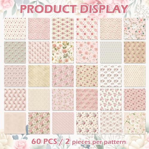 JarThenaAMCS 60Pcs Floral Cotton Fabric Bundles Pink Retro Floral Fabric Squares Spring Summer Quilting Patchwork for DIY Handmade Sewing Crafting, 10 x 10 Inch