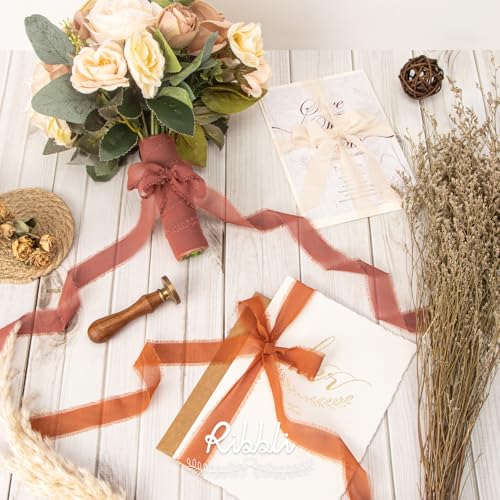 Ribbli Fall Chiffon Silk Ribbon 1Inch x 24 Yard Champagne/Terracotta/Rust Red Fringe Chiffon Fall Ribbon for Wedding Invitations, Bridal Bouquets Wrapping, Flower Arrangement Decoration - color: Champagne/Terracotta/Rust Red