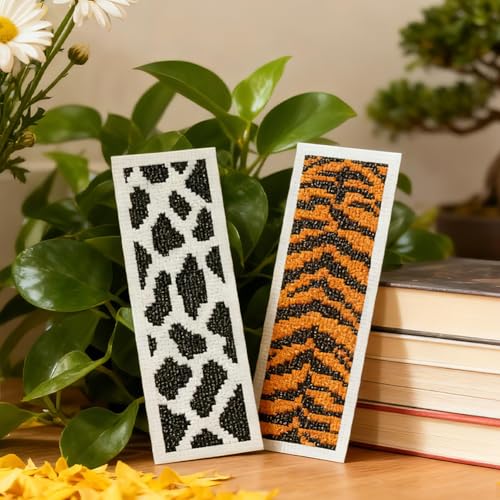INFUNLY 6pcs Animal Textures Cross Stitch Bookmark Kit for Beginners DIY Leopard Print Embroidery Bookmark Kits Zebra Stripes Needlepoint Kit with Instruction Easy Cross Stitch Set for Book Readers - style: Animal Patterns
