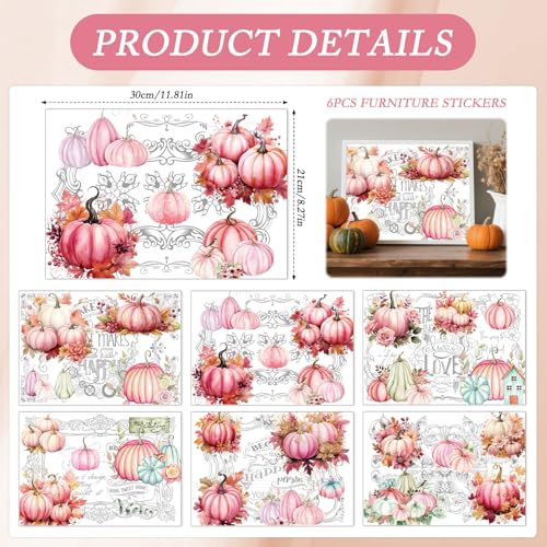 Wxiben Fall Rub on Transfer for Crafts - 6 Sheet Pink Pumpkin Rub on Transfers Stickers Autumn Harvest Thanksgiving Rub on Transfer Furniture Decals for Wood Scrapbook DIY Crafts Home Office Decor - style: Pink Fall Pumpkin