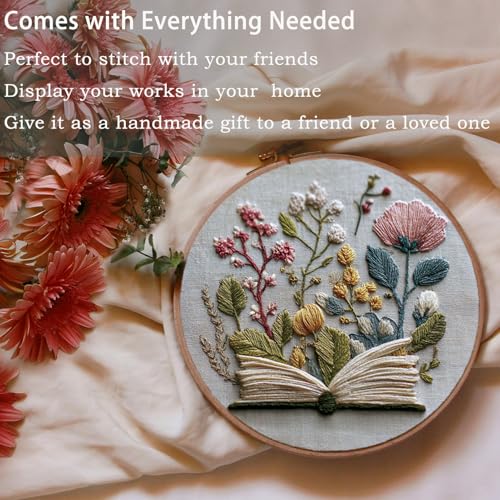 FONNUY Embroidery Kit for Beginners, Flower Book Pre-Stamped Pattern Kits for Adults with Hoop, Cross Stitch Easy to Follow Color Thread Needlework, 8'' Hoop (Green) - color: Green