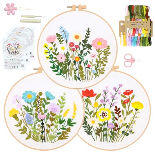 RidaaFri Embroidery Kit for Beginners, Set of 3 Flower Pattern Practice Kit