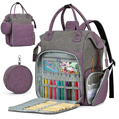 Coopay Knitting & Crochet Bag - Large Yarn Storage Backpack, Portable Organizer for Knitting Needles, Crochet Hooks & Supplies - color: Purple & Gray