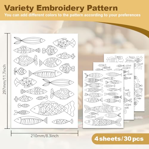 30Pcs Fish Water Soluble Hand Sewing Stabilizers, 8.3"x11.7" Sea Animal Minimalist Embroidery Pattern Stabilizer, 4 Sheets Line Fish Stick and Stitch Embroidery Paper Sticker