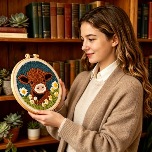 DIY Punch Needle Kits Highland Cow with Daisy Flower with Hoop 20x20cm-1 - color: 01-Highland Cow