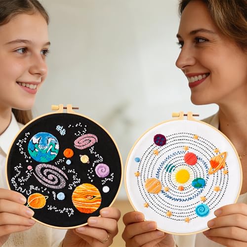 Armindou Embroidery Kit for Adults Beginners, Hand Embroidery Starter Kit with Solar System Patterns, Counted Stamped Cross Stitch Needlepoint Kit for Beginner Adult, 2 Set Embroidery Supplies/Hoop - color: Solar System, size: 8inch
