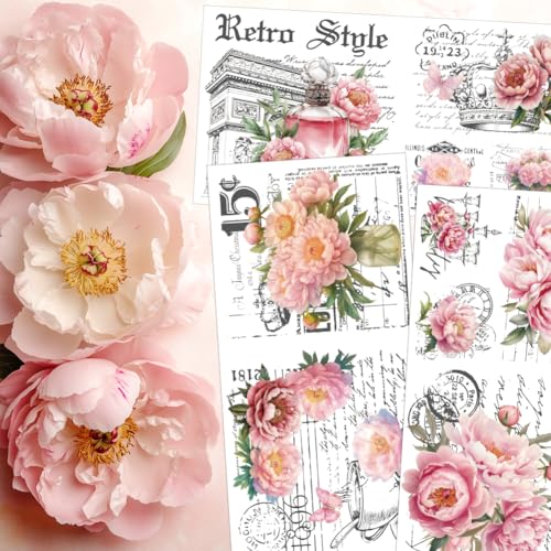 3 Sheets Peony Vintage Script Rub on Transfers for Crafts, 12×6in - style: Pink Peonies