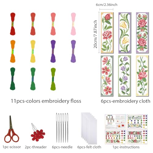 FREEBLOSS 6 Set 11CT Cross Stitch Bookmark Kit 8"x2.4" Vine Flowers - style: Floral Plant