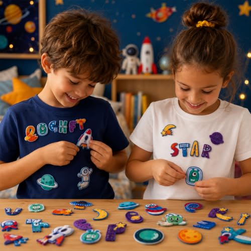 Cinrobiye 41 Pcs Outer Space Patches Self Adhesive Cute Astronaut A to Z Alphabet Applique Galaxy Spaceship Rocket Chenille Letter Patches Stick on for Clothing Hats Bags Fabric DIY Crafts - style: Astronaut