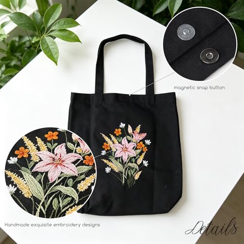 MAKHOT Canvas Tote Bag Embroidery Kit for Beginners,Cross Stitch Kits for Adults,Embroidery Bag Women(Black) - color: Black