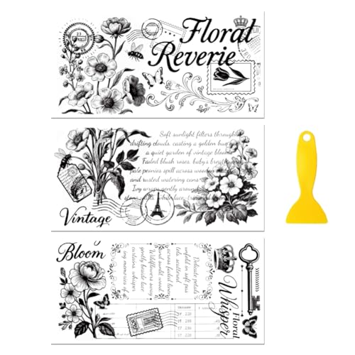 Peacoblue Black Text Vintage Flowers Rub On Transfers for Furniture 6"x12" - style: Black Text Vintage Flowers