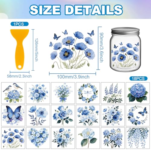 GLOBLELAND 18 Sheets Blue Flowers Rub on Transfer Stickers 3.9x3.6inch Lily of The Valley Hydrangea Rose Peony Cup Wraps Decals Butterfly Transfer Stickers for Crafts Glass Bottle Vase Decor - style: Blue Flowers