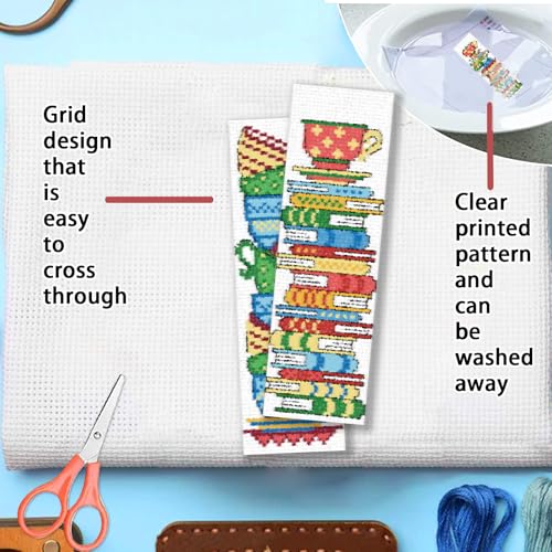 FREEBLOSS 6 Set Cross Stitch Bookmark Kits Book Teacup Pattern Stamped Cross Stitch Kit 11CT Embroidery Kit with Instructions for Beginners 20x6cm/8x2.4inch - style: Traditional