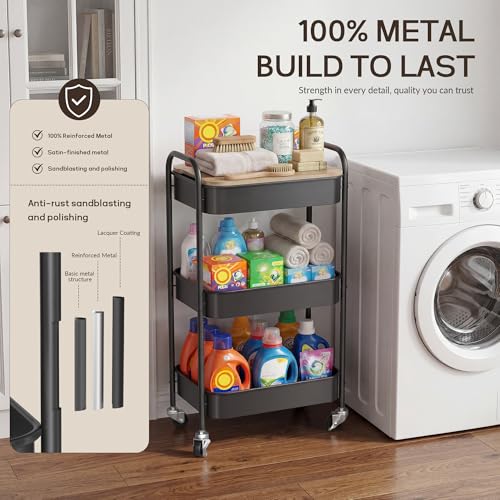 DTK 3 Tier Rolling Cart with Wheels, Heavy Duty Metal Utility Cart, Mobile Storage Organizer with Lockable Casters, Multi-Purpose Rolling Cart for Nursery, Bathroom, Kitchen, Office, Classroom - color: Matte Black, size: Large