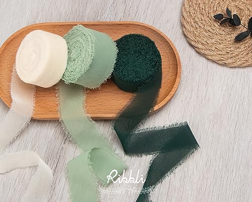 Ribbli Green Ribbon 1 Inch x 3 Rolls Total 24 Yards Ivory/Sage/Forest Green Handmade Fringe Chiffon Silk Ribbon for Wrapping Wedding Invitations Bridal Bouquets DIY Crafts Home Decor - color: Ivory/Sage/Forest Green