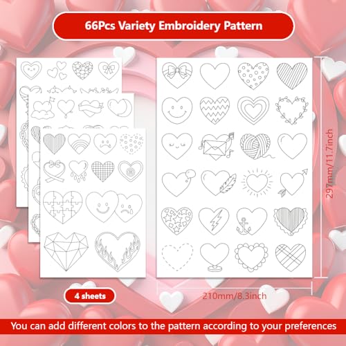 ORIGACH 4 Sheets 66 Pcs Water Soluble Embroidery Patterns Stabilizers - Pre-Printed Love Heart Designs - Stick & Stitch Embroidery Paper for Hand Sewing Lovers - color: Love Heart