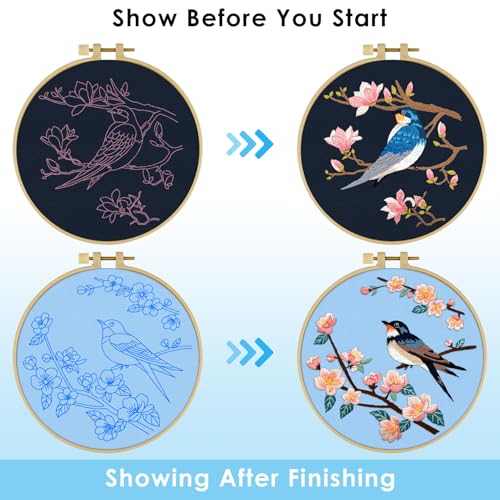 ERKOON Embroidery Kit for Beginners, 2 Set Floral Cross Stitch Set Include Embroidery Cloth Hoops Threads for Craft Lover Hand Stitch with Embroidery Skill Techniques (Bird) - color: Bird