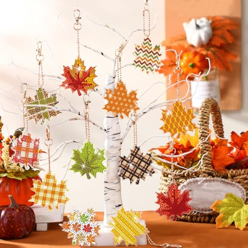 WILLBOND 30 Pcs Fall Thanksgiving Diamond Art Keychains for Adults, Maple - color: Maple Leaf