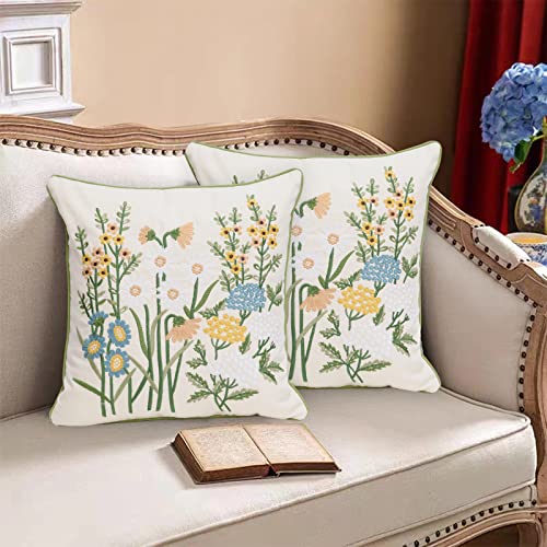 Set of 2 Embroidered Decorative Throw Pillow Covers Couch Square Pillowcases Cushion for Bedroom Sofa Farmhouse Decor 18x18 Inch (Yellow Daisy) - color: Yellow Daisy