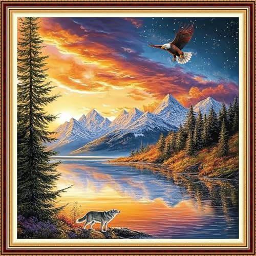 Fanxvivy Stamped Counted Cross Stitch Kits for Adults Printed Cross-Stitch Patterns 11CT Stamped or Counted Cross Stitching Embroidery Kit Needlepoint Kits-Sunrise Scenery by the Lake 18x18 inch - color: Artkits07