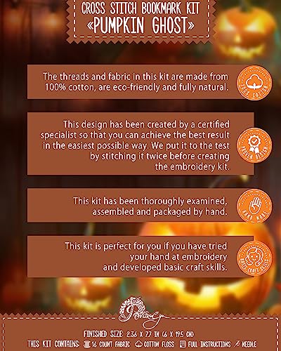 Povitrulya Counted Cross Stitch Bookmark Kit 'Pumpkin Ghost' - DIY Embroidery Set for Adults - color: Ghost