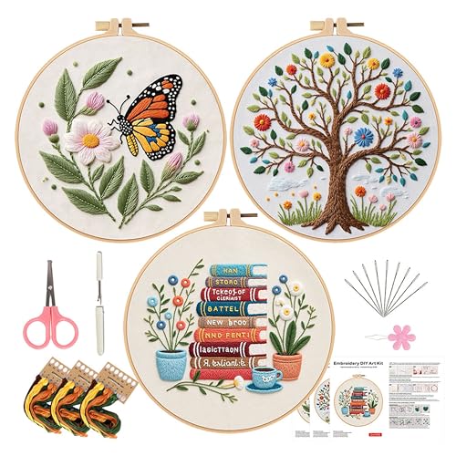 KEKEMEOW 3 Sets Embroidery Kit for Beginners, Stitches with Books and Flowers, Embroidery Stitch Practice kit for Adults Craft Lover, Cross Stitch Kit with Pattern、Instruction、Hoop - color: Book and flower