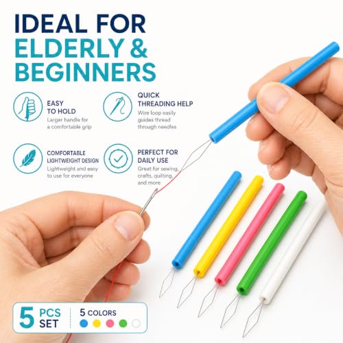 5Pcs Needle Threading Tool Set, Easy Threading Guide for Sewing, Plastic Threader for Elderly, Beading and Handcraft Accessories
