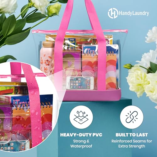 Handy Laundry Clear Tote Bag - Zipper Closure, Long Shoulder Strap, Fabric Trimming. - color: Pink
