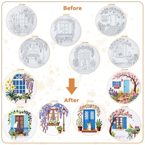 BEUNITONE 6 Set Flowers Embroidery Kit for Beginners Vintage Garden Scene Pre-Stamped Pattern, Needlepoint Kits for Adults Beginners, DIY Handmade Embroidery for Home Decor and Gifts 20x20cm - style: Door Window