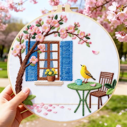 BEUNITONE 6 Set Flowers Embroidery Kit for Beginners Vintage Garden Scene Pre-Stamped Pattern, Needlepoint Kits for Adults Beginners, DIY Handmade Embroidery for Home Decor and Gifts 20x20cm - style: Door Window