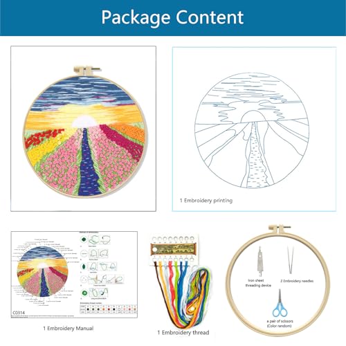 Zhenqing Flower Field Embroidery Kit for Beginners, Romantic Sunset Landscape Needlework Kit with Pre-Printed Fabric, Hoop, Threads & Tools (S-CX0314) - color: Romantic Flower Field