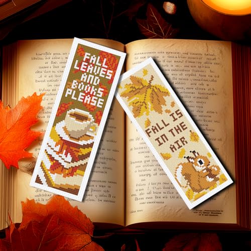 INFUNLY 6pcs/Set Thanksgiving Cross Stitch Bookmarks Kit Fall Leaves Book DIY Stamped Embroidery Bookmark Vintage Pumpkin Handmade Cross Stitch Bookmarks with Backing Felt Instruction for Book Lover - style: Thanksgiving