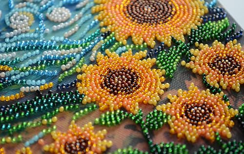 Wizardi Bead Embroidery kit - Sunflowers in Night's Embrace. Colorful Beads, Beading Needles. DIY Kit. Embroidery for Beginners. Home Decor. AMB-111 Abris Art - color: Sunflowers in night's embrace