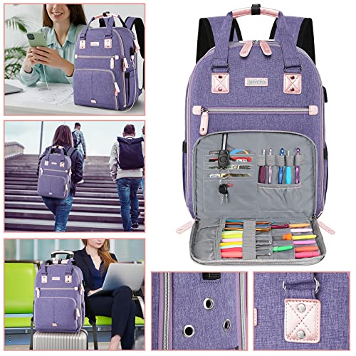 SINVICKO Crochet Bag, Knitting Bag Backpack and Totes Organizer with USB Charging Port, Large Yarn Storage Tote Bag - color: Purple