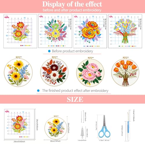 Zhenqing 4-Piece Floral Cross Stitch Kit for Beginners - Complete Set with Pre-Printed 11CT 24x24cm Fabric, Hoop, Threads & Tools (Sunflower, Peony, Tulip Designs)(70362) - color: 70362