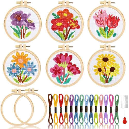 ZOIIWA 6 Pcs Flower Cross Kit for Beginner Flower DIY Embroidery Kit