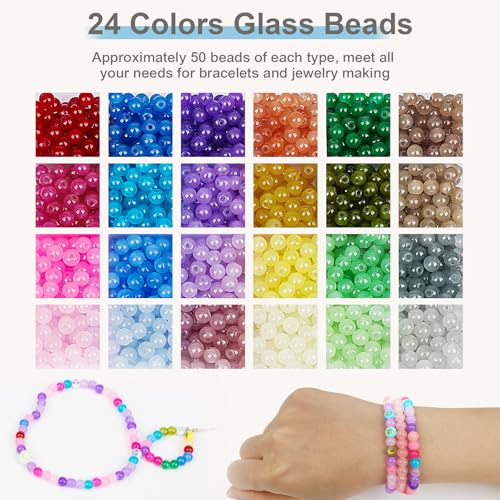 XSEINO About 1200PCS 6mm Glass Beads Bracelet Making Kit,24 Colorful Nature Series Colorful Crystal Beads for Bracelet and Jewelry Making and DIY Crafts,Friendship Bracelets - color: Color Glass Beads