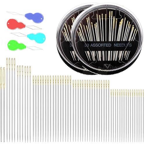 60 Pack Premium Sewing Sharp Needles for Hand Sewing Repair, 6 Sizes Assorted Needles 4 threaders (Random Colors), Large Eye Stitching Needles, Embroidery Needles, Sewing Needles - size: 60+2PCS