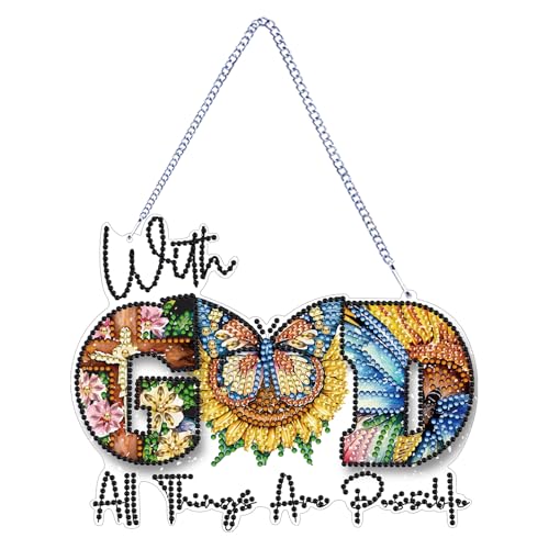 STGLCR DIY Butterfly Hanging Diamond Art Kit God, Acrylic Diamonds Painting Pendant Board Kit, 5D Gem Art Ornament Kit for Adults, Double Sided 7.8inch with God All Thing are Possible - color: God butterfly