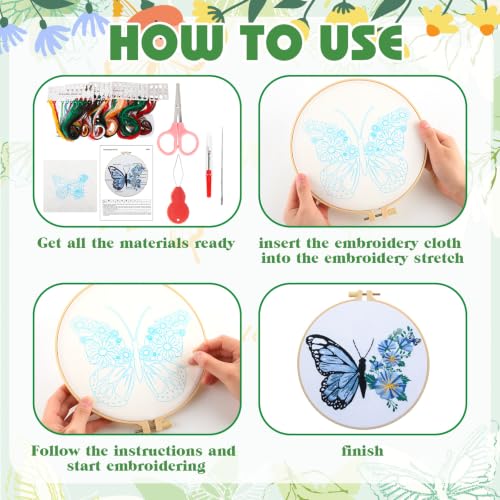 Riceshoot 8 Set Butterfly Floral Embroidery Kit for Beginner Adults Butterfly Embroidery Cross Stitch DIY Craft Needlepoint Pack Kits with Pattern Instruction Cloth Hoops Thread Needle Scissors - style: Butterfly Floral