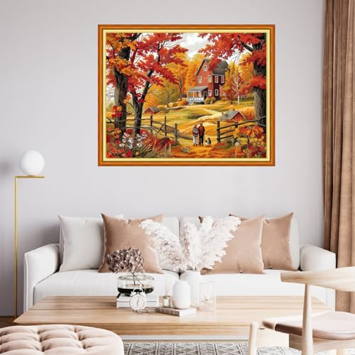 Funchey Stamped Cross Stitch Kits, DIY Cross Stitch Pattern for Adults Beginners Needlepoint Kits Embroidery Kit Arts and Crafts 11CT&Autumn Scenery 16x20 inch - color: HandicraftColor45