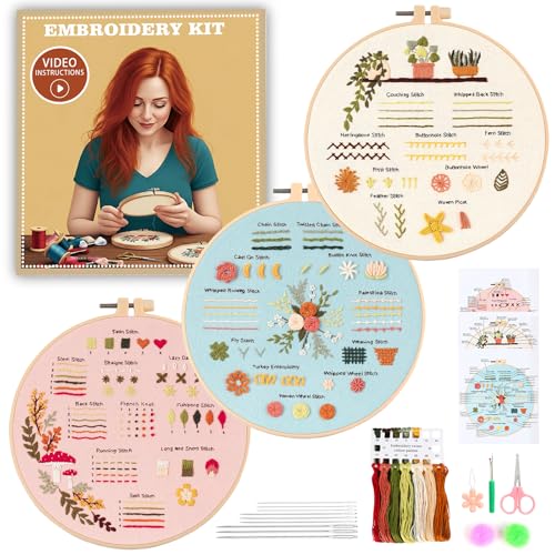 JOINRUN Beginner Embroidery Kit for Adults, 3 Pack with Video Tutorial - color: Flower