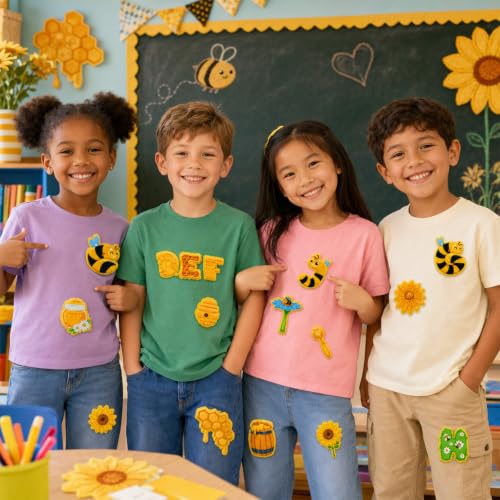 Cinrobiye 38 Pcs Bee Patches Self Adhesive Honey Bee Honeycomb Sunflower A to Z Alphabet Applique Preppy Cute Bee Themed Chenille Letter Patches Stick on for Clothing Hats Bags Fabric DIY Crafts - style: Bee