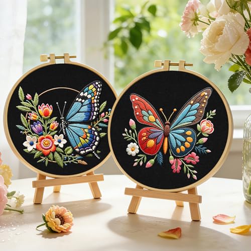 ERKOON Embroidery Kit for Beginners, 2 Set Flower Cross Stitch Set Include Embroidery Cloth Hoops Threads for Craft Lover Hand Stitch with Embroidery Skill Techniques (Butterfly) - color: Butterfly