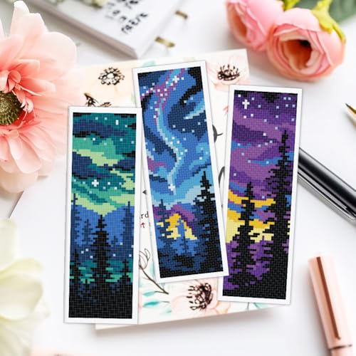 ACRNIGHEET 12PCS Cross Stitch Bookmark Kit for Adult Beginners, Landscape Pattern Stamped Embroidery Bookmark, Needlework Kit with Instructions, Size 8.5''x3'' - style: Landscape Patterns
