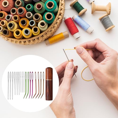 17pcs Large Eye Sewing Needles Kit, Stainless Steel Large-Eye Blunt & Bent Tapestry Darning Needle Sharp Tapestry Hand Yarn Knitting Embroidery Needles Supplies with Wooden Case for Crochet Projects