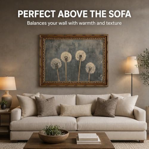 DNEJZKI Vintage Gold Frame Dandelion Wall Art Rustic Farmhouse Flower Botanical Wall Decor Retro Floral Landscape Painting Picture Cottagecore Plant Canvas Prints for Living Room Bedroom Office Decor - color: Dandelion, size: 16"L x 12"W