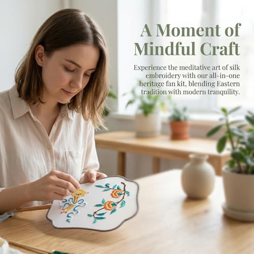 QIZUOLIFE Chinese Embroidery Fan Kit for Beginners - style: Persimmon's Lingering Charm