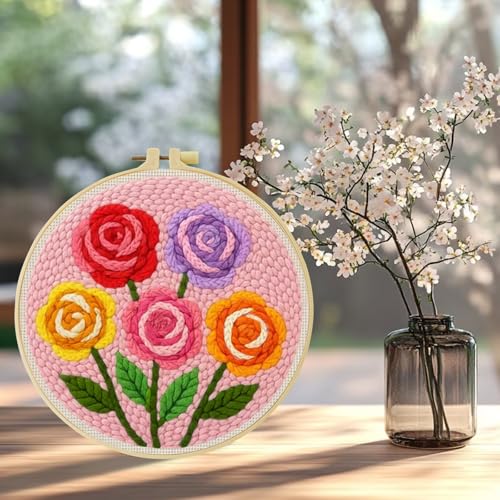 ZuoAnLF Punch Needle Kit for Beginner, Rug Yarn Hooking Beginner Kit with Instruction, Punch Needle Fabric with Pattern, Yarns, Embroidery Hoops for Punch Needle 20CM/9.8INCH (Flower) - color: flower